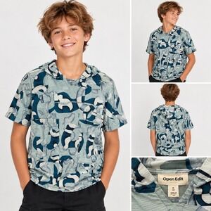 Open Edit Kids Teal Abstract Geometric Short Sleeve Hooded Shirt Size 6 NWT